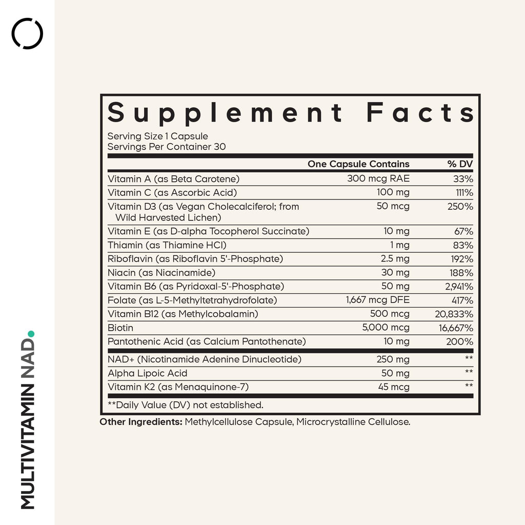 Codeage Multivitamin NAD Supplement - NAD+ Energy & Healthy Aging Support - Vitamin D3 K2, P5P, Methylated B12, Alpha Lipoic Acid, Folate, Riboflavin, Biotin, B Complex Pills - Non-GMO - 30 Capsules