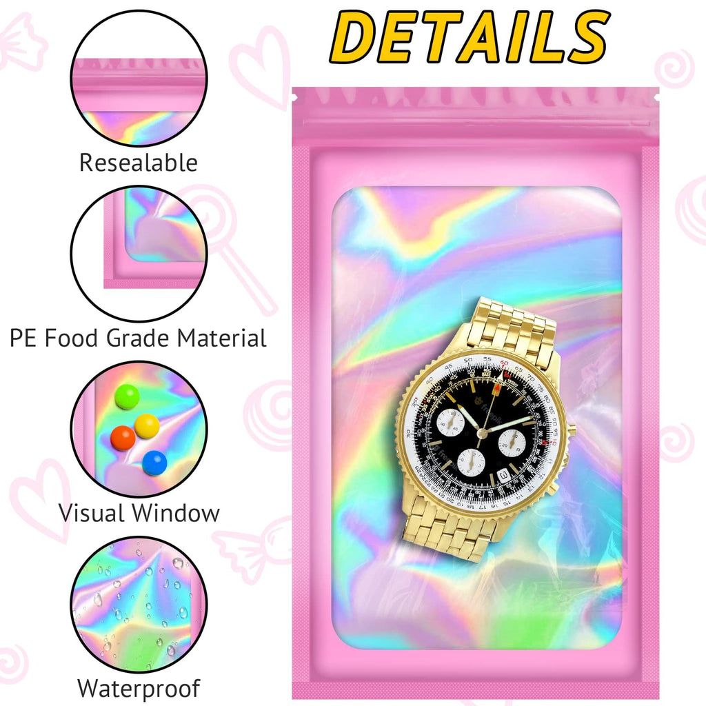TIFICAL 100PCS Resealable Holographic Bags, Jewelry Bags|Pink,2.9x4.7in