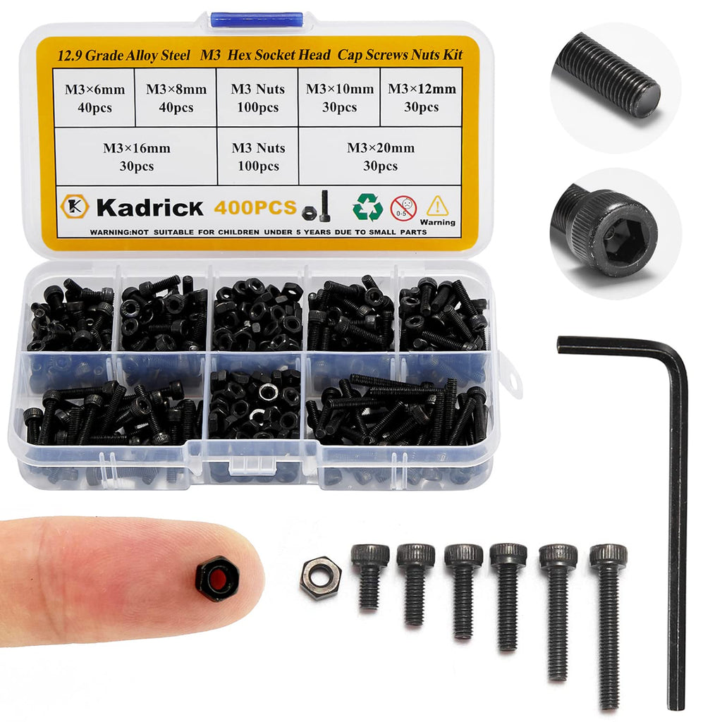 Kadrick 450 Pcs Stainless Steel M3 Button Head Hex Socket Cap Screws Bolts, M3 x 16/20/25/30/35/40mm Screw and Nuts Flat Washer Assortment Kit, Fully Machine Thread