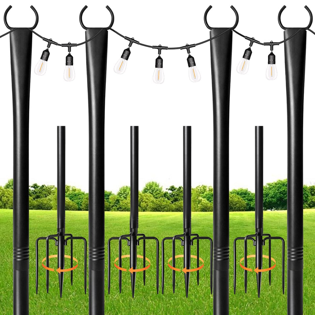 MuliVid 4 Pack String Light Poles for Outdoor,Metal Light Hanging Pole Outside with Fork,Light Stand for Patio, Pergola, Garden, Backyard, Yard, Camping Party (4 Pack)