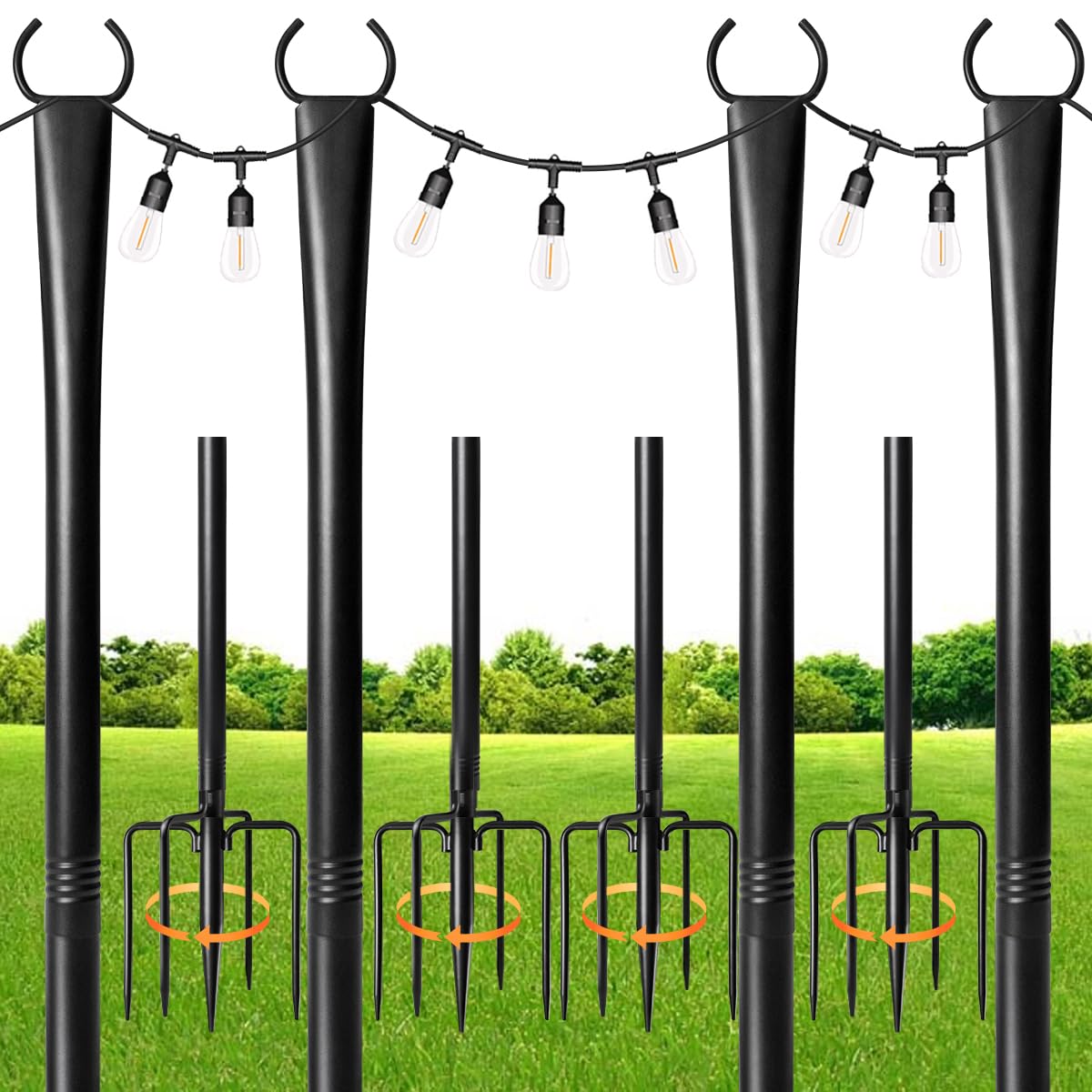 MuliVid 4 Pack String Light Poles for Outdoor,Metal Light Hanging Pole Outside with Fork,Light Stand for Patio, Pergola, Garden, Backyard, Yard, Camping Party (4 Pack)