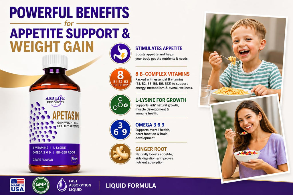 Apetasin Blended Multivitamin Appetite Booster Weight Gain Stimulant Food Booster for Underweight Adults Kids Elderly with L-Lysine B1 B2 B3 B5 B6 B12 Omega 3 Cilantro Ginger Herbal Hunger Activators