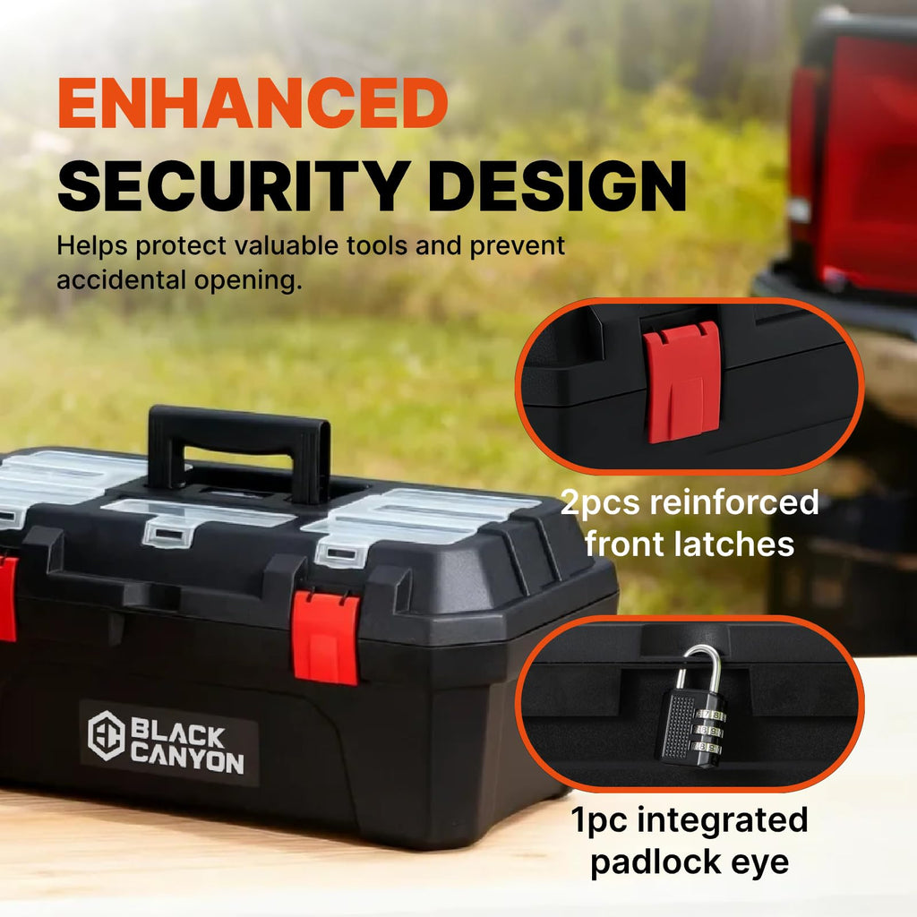 Black Canyon Tool Box - 19 Inch Plastic Dual-Layer Design, 44 lbs Load Capacity Portable Tool Box, Ergonomic Handle, Stackable & Top-Lid Storage, Perfect for DIY, Workshop & Job Site Organization