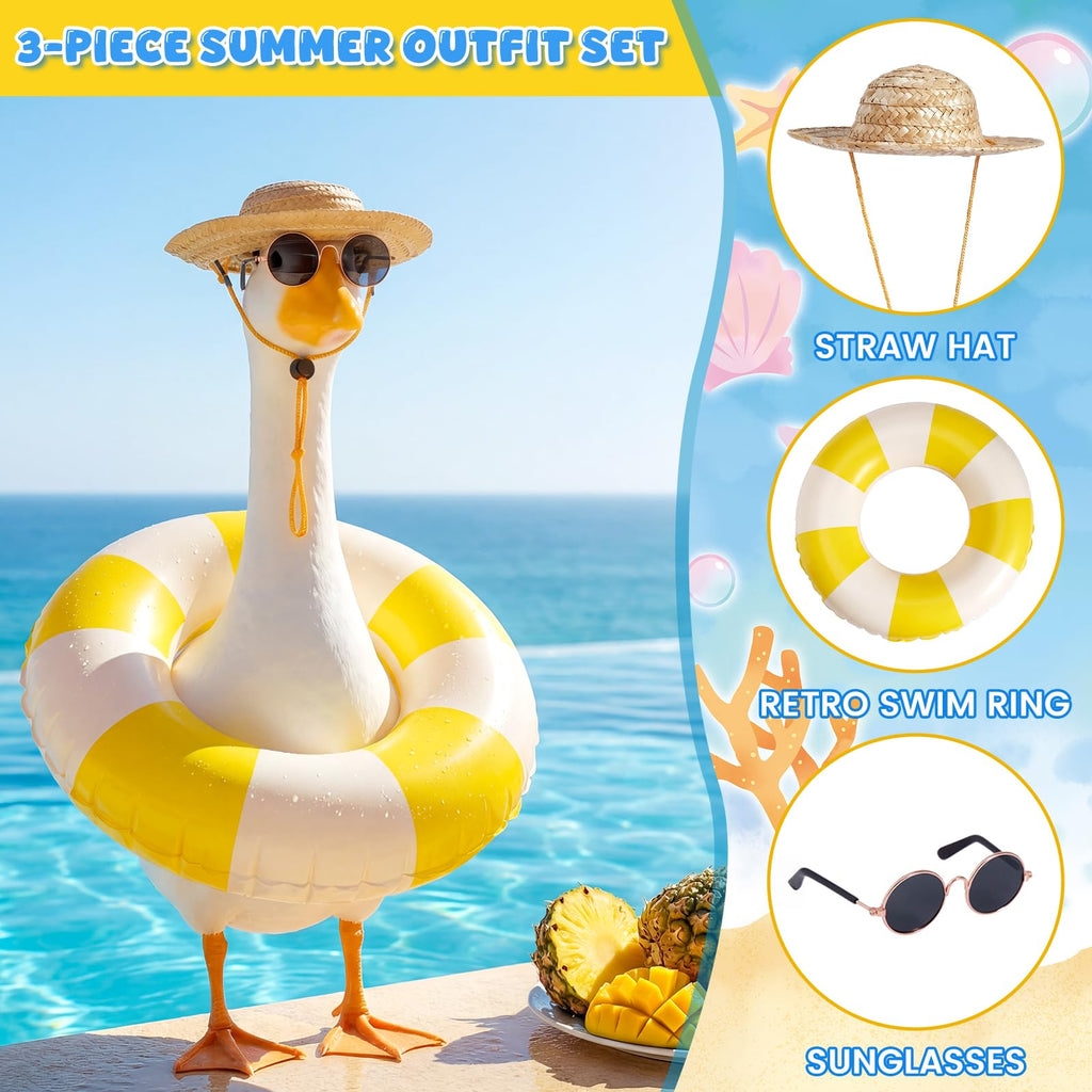Bafeil Porch Goose Summer Outfit 3PCS Set, Straw Hat, Swim Ring, Sunglasses