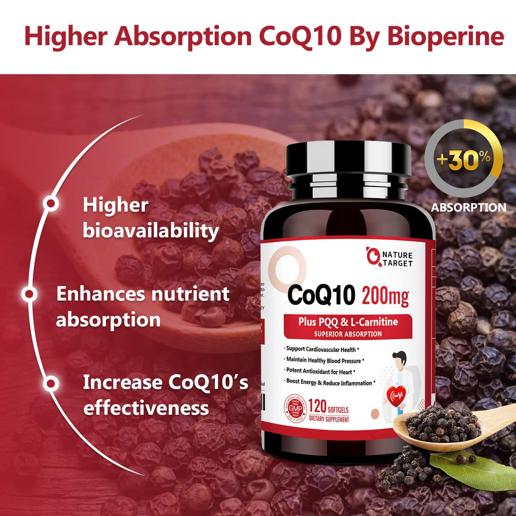 NATURE TARGET CoQ10-200mg with PQQ L-Carnitine & Omega-3s, High Absorption Coenzyme-Q10 with BioPerine, Supports Heart and Immune System, Cellular-Energy-Production, 120 Servings