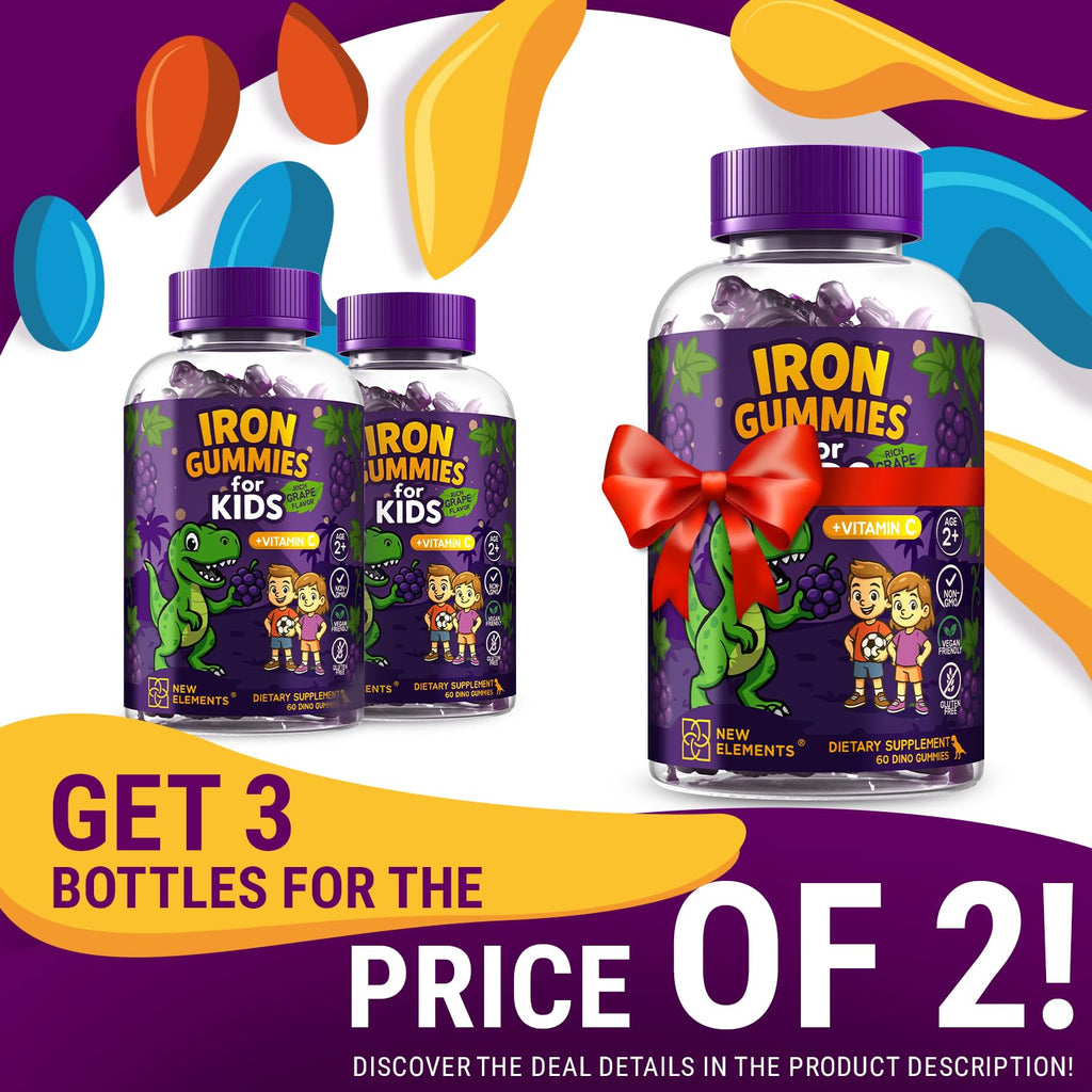 Iron Dinosaur Gummies for Kids with Vitamin C | Sugar-Free, Vegan, Gluten-Free & Non-GMO | Anemia Relief, Energy & Blood Health Support | Grape Flavor, Pectin-Based for Optimal Health (Pack of 2)