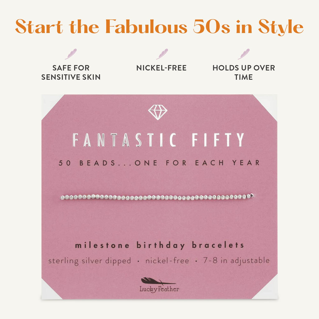 Lucky Feather 50th birthday gifts for her | 50th birthday gifts for women Bracelet | 14K Gold, Rose Gold, or Silver Dipped Beads on Adjustable Cord | Trendy 50 year old gifts for women | With Card
