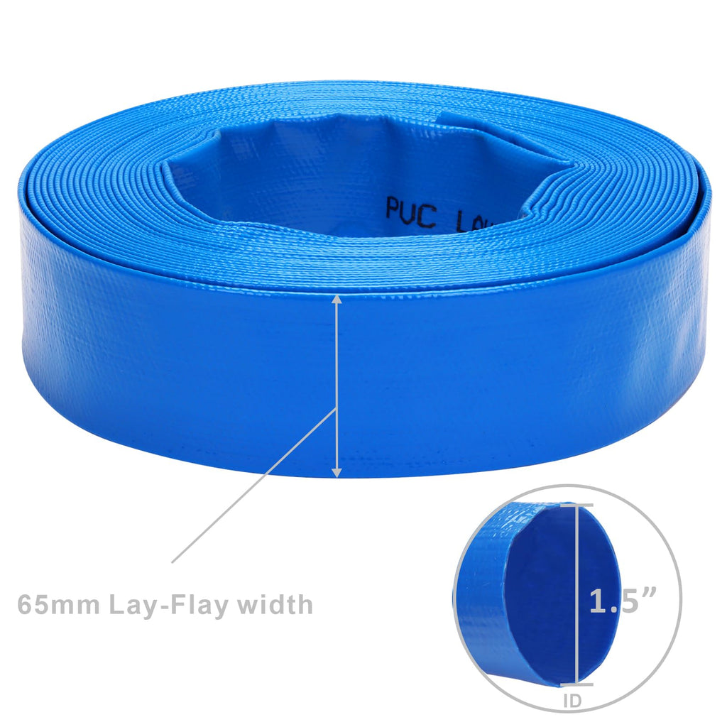 DERPIPE Lay-Flat Pool Backwash Hose - 1.5" x 50Ft Reinforced Heavy Duty PVC Discharge Hose Weather-Proof Vinyl Pool Drain Hose for Water Transfer with 2 clamps