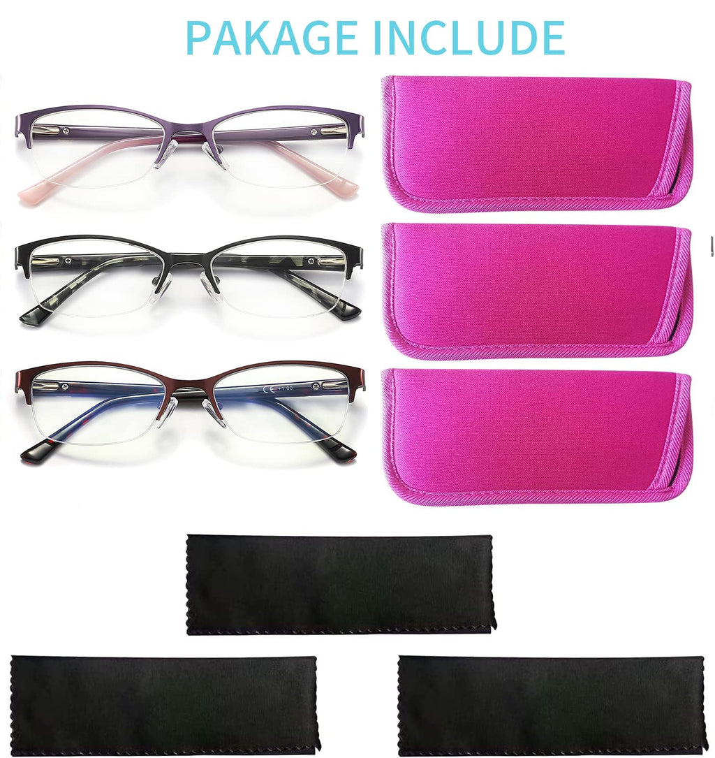 HOTJOJO 3 Pack Reading Glasses for Women Blue Light Blocking, Metal Oval Half Frame Womens Readers Glass with Spring Hinge, Anti Blue Ray Reduce Eye Strain Glare Headache(200 Magnification Strength)