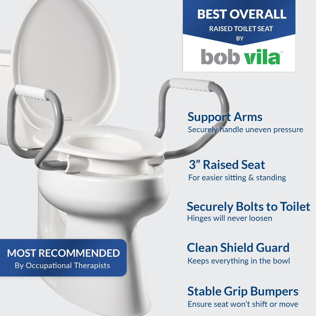 Bemis Assurance 3" Raised Toilet Seat with Handles, Made in USA, Secure Hinges, Clean Shield Guard, Elongated, White