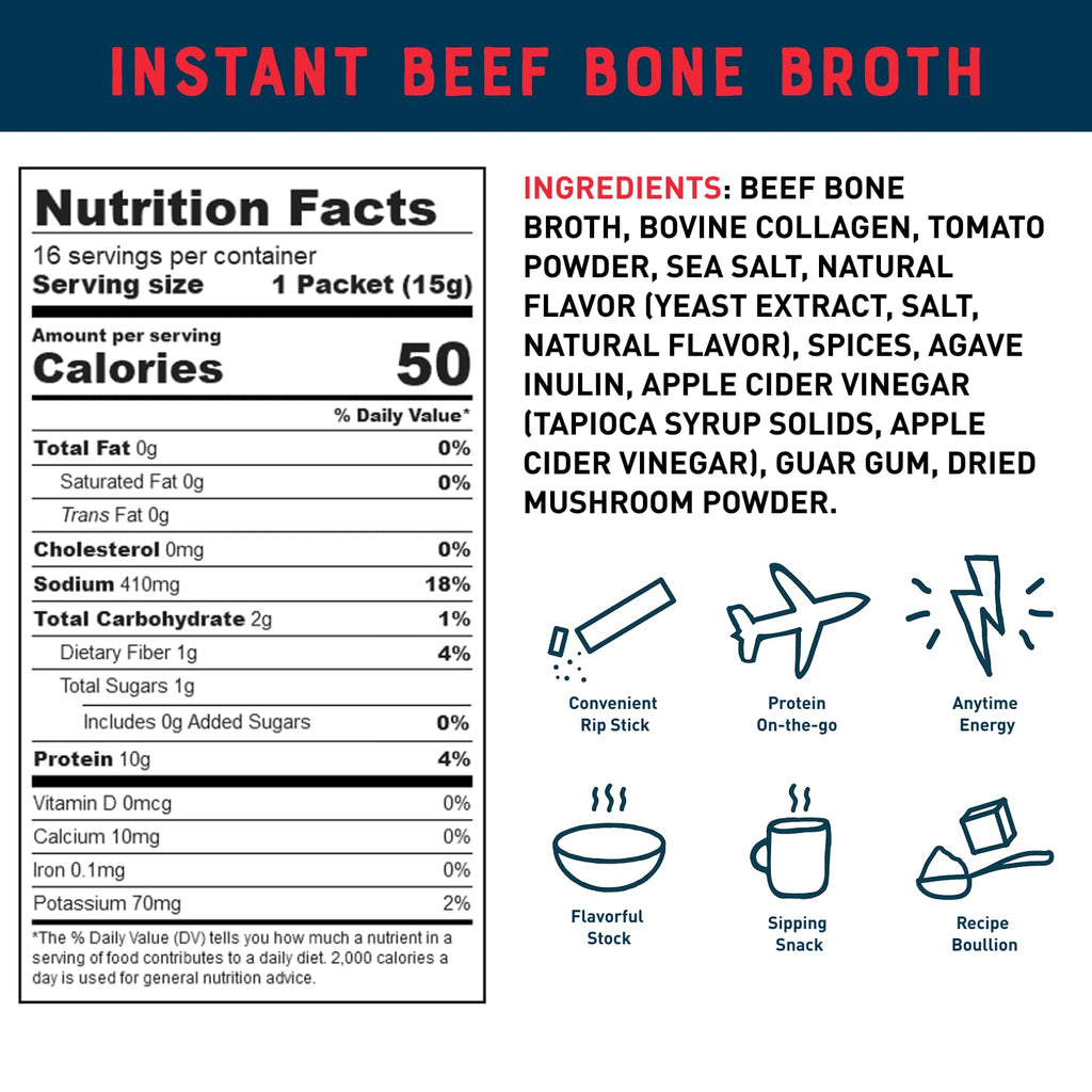 Bare Bones Beef Bone Broth Instant Powder Mix Packets 16 Pack