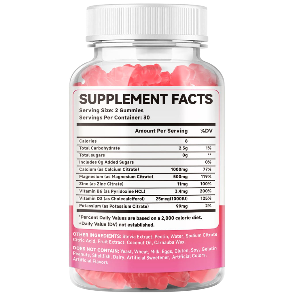 2 Pack Calcium Citrate Gummies 1000mg w/Vitamin D3, High Absorption Calcium Gummies for Women & Men, Plus Magnesium, Potassium, Zinc for Muscle & Immune Support, Raspberry Flavor, 120 Count