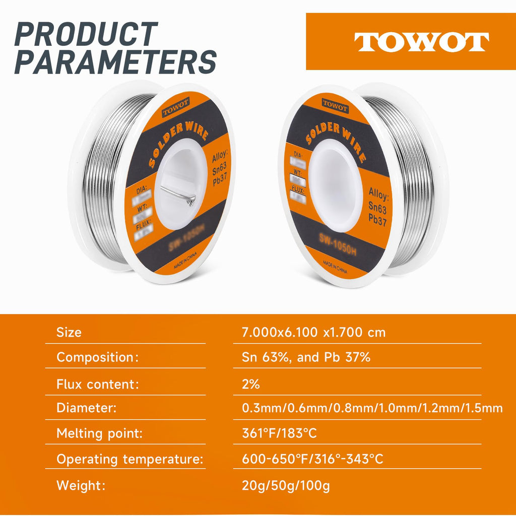TOWOT 63-37 High Purity Tin Lead Rosin Core Solder Wire for Electrical Soldering, Content 1.8% Solder Flux (1.0mm, 100g)