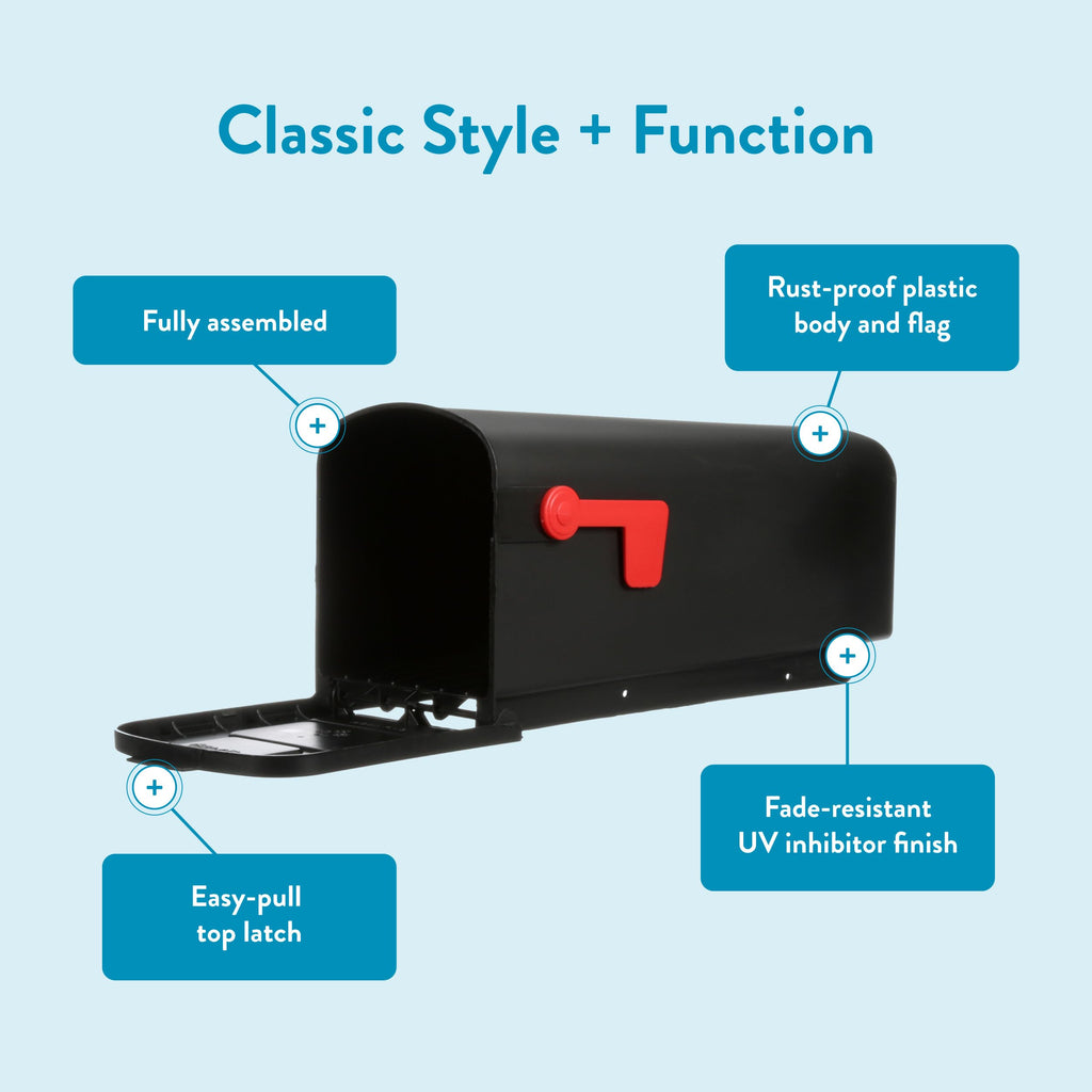 Architectural Mailboxes Parsons™ Rust-Proof Plastic Post Mounted Mail Box for Outside, Black, Medium Curbside Mailbox, USPS Approved for Residential Delivery