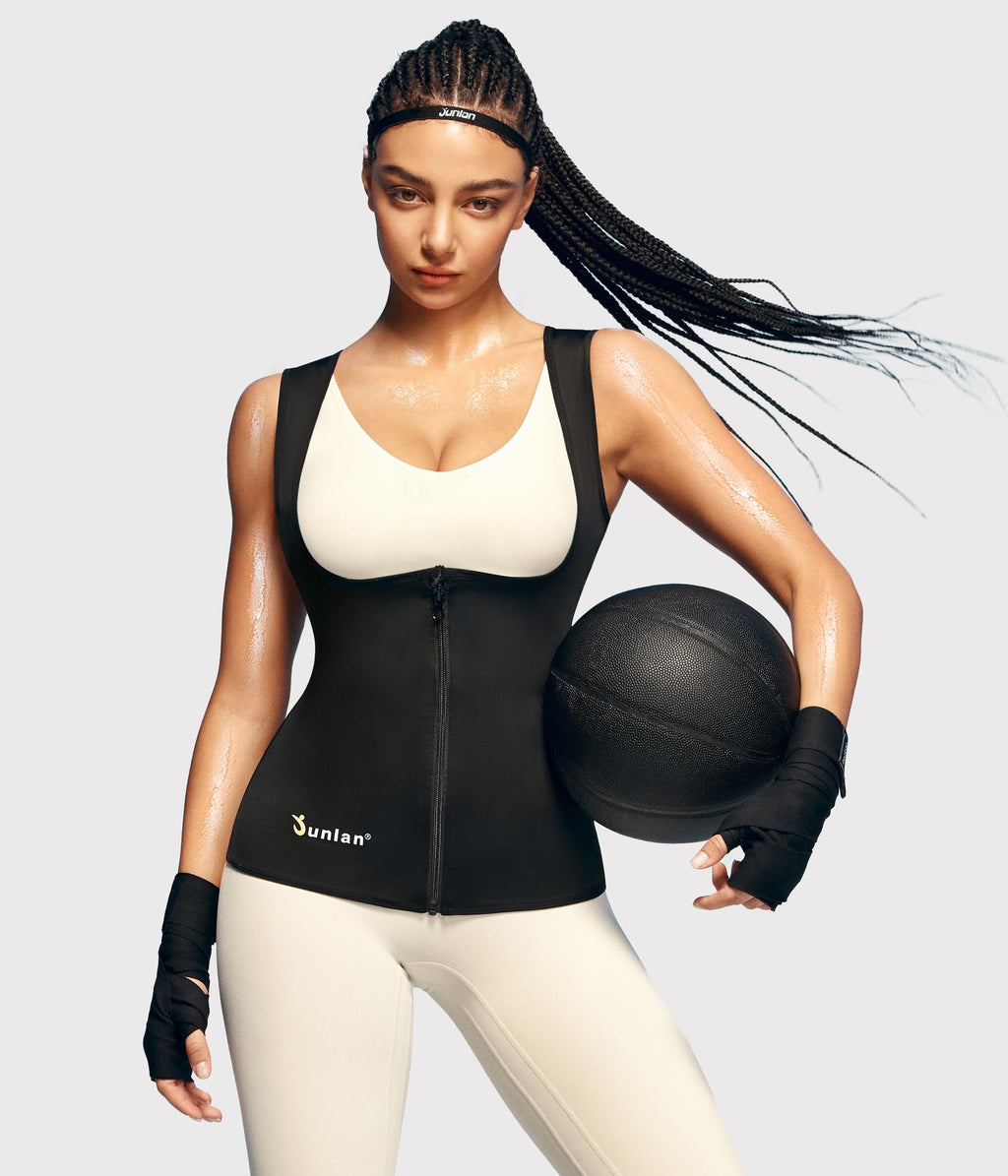 Junlan Sauna Suit for Women Waist Trainer Vest Sweat Tank Top Shaper for Women with Zipper (Blue, X-Large)