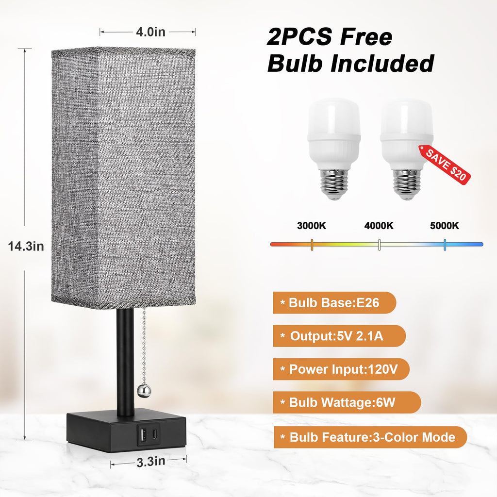 aooshine Bedside Table Lamps Set of 2 - Gray Bedroom Lamps with 3 Color Temperatures (3000K/5000K/4000K), Square Nightstand Light with USB C + A Charging Ports, Pull Chain Small Night Light
