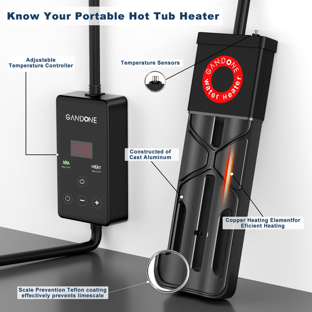 GANDONE Dual Spa Water Heater, Portable Hot Tub Immersion Water Heater Cast Aluminum Submergible mit Temperature Sensor and Digital Display for Bathtub