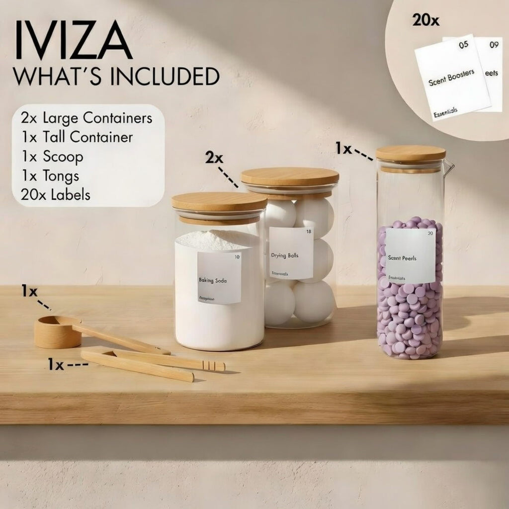 IVIZA Glass Laundry Detergent Dispenser & Storage Set – Liquid Detergent Pump, Fabric Softener Dispenser, Laundry Powder Jar & Dryer Sheet Holder – Complete Laundry Organization Set
