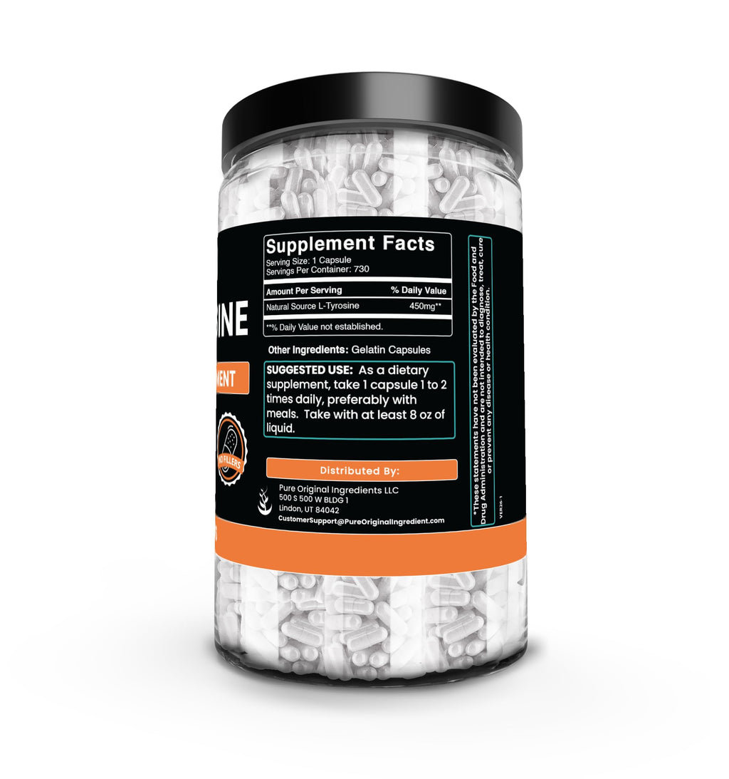 PURE ORIGINAL INGREDIENTS L-Tyrosine (730 Capsules) No Magnesium Or Rice Fillers, Always Pure, Lab Verified
