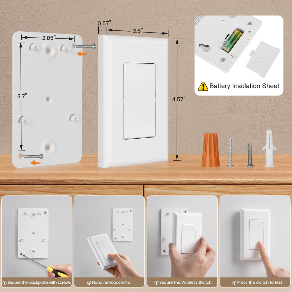 SURAIELEC Wireless Wall Switch Remote Control Outlet, No Wiring, 100ft RF Range, Pre-Programmed, Expandable Wireless Light Switches for Plug in Pendant Light, Lamp (2 Wall Switches and 1 Receiver)