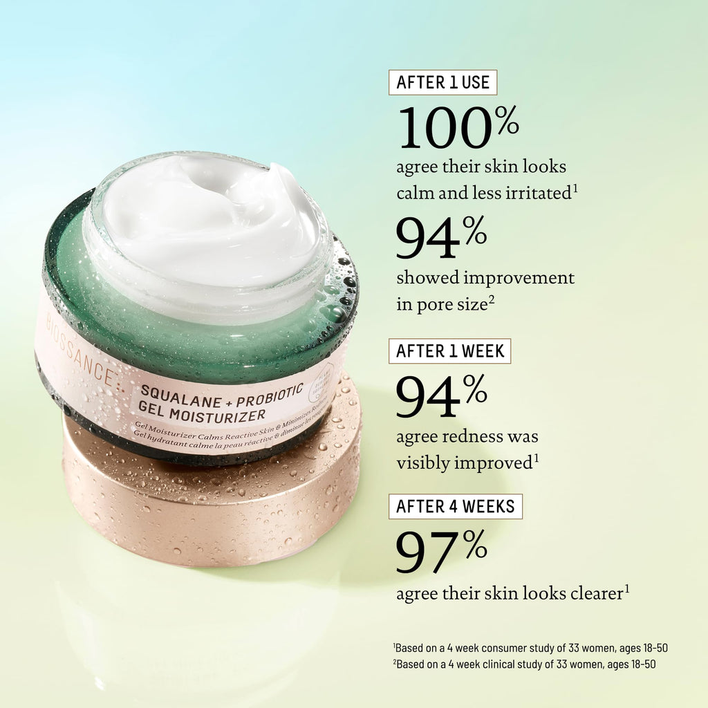 Biossance Squalane + Probiotic Balancing Face Gel Moisturizer - Advanced Formula for Oily & Acne-Prone Skin, Encapsulated Probiotics, Reduces Redness & Excess Oil, Soothes Sensitive Skin - 1.69 oz