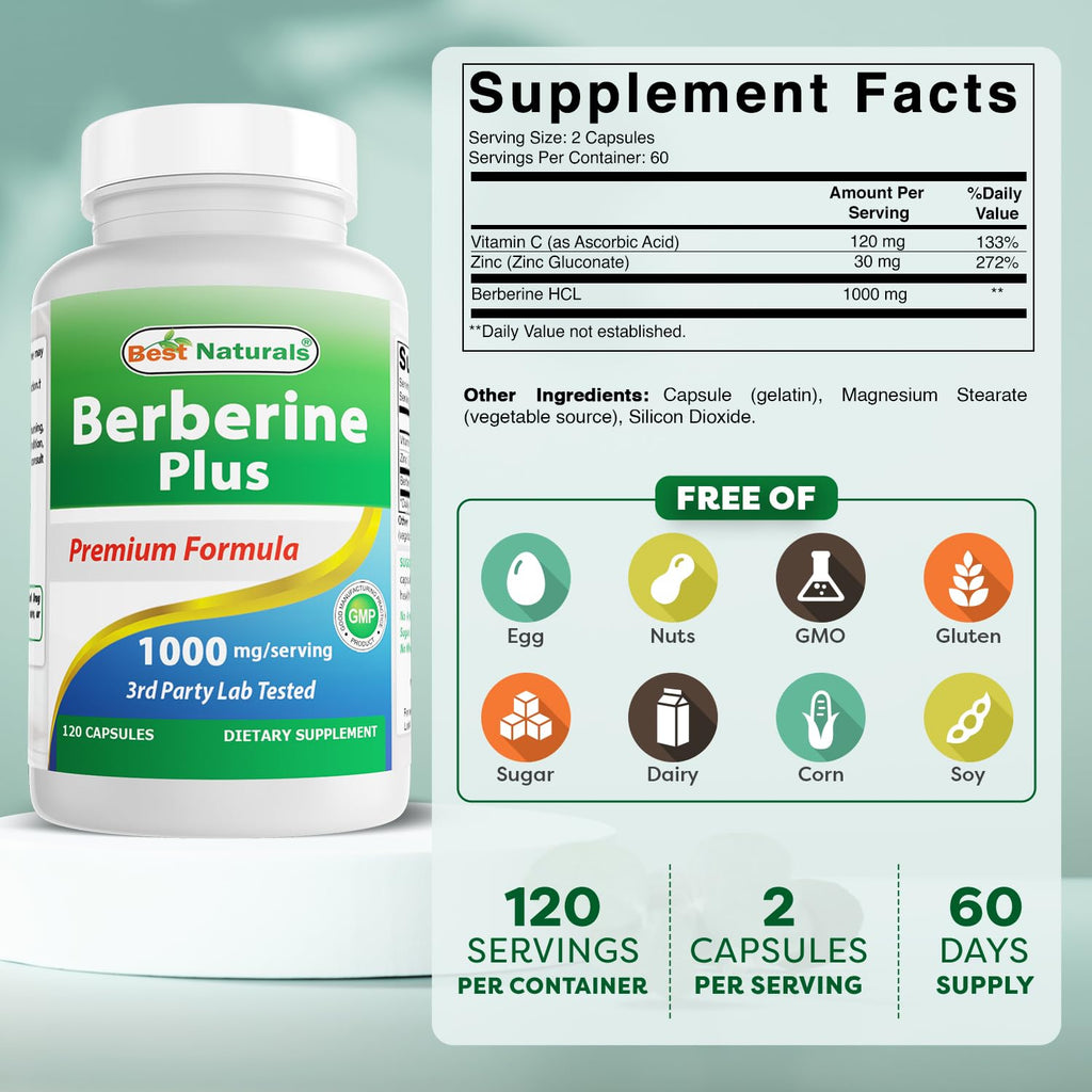 Best Naturals Berberine Plus 1000 mg/Serving 120 Capsules - (Pack of 3)