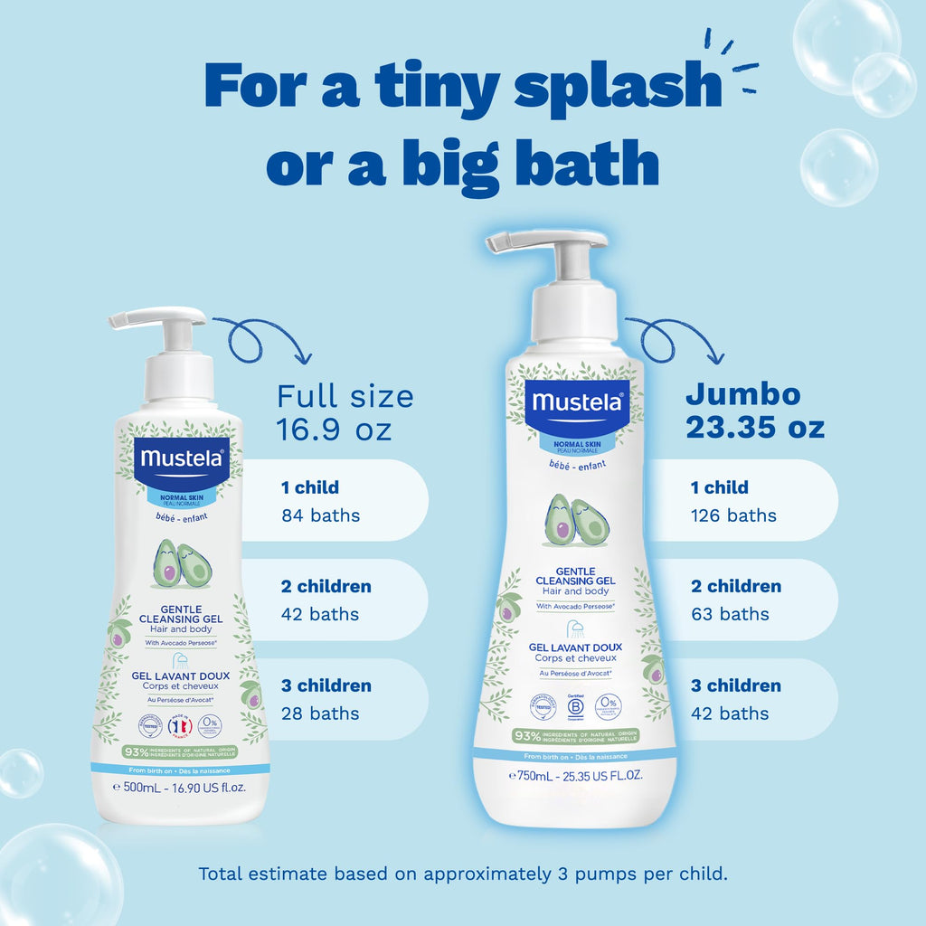 Mustela Gentle Cleansing Gel - Baby Wash for Delicate Skin and Hair - Newborn-Safe Cleanser - Crafted with Natural Avocado Perseose - Various Sizes - 25.35 fl. oz.