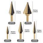 OSTTE Step Drill Bit Set 5PCS, 50 Sizes HSS Titanium Coated Step Bits for Metal Stainless Steel Aluminum Iron Wood Plastic, with Aluminum Case