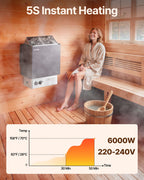 VEVOR Sauna Heater,220V Electric Sauna Stove, Steam Bath Sauna Heate 3h Timer and Adjustable Temp for Max. 176-318 Cubic Feet, Home Hotel Spa Shower Use (6KW) FCC Certification