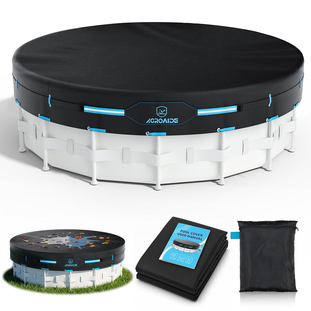 AGROAIDE Pool Cover 12ft Round, Upgraded Tear Resistance & Seamless Side Design, Above Ground Pool Cover with Metal Buckle Straps, All Season Protection - Snug Fit & Easy Set