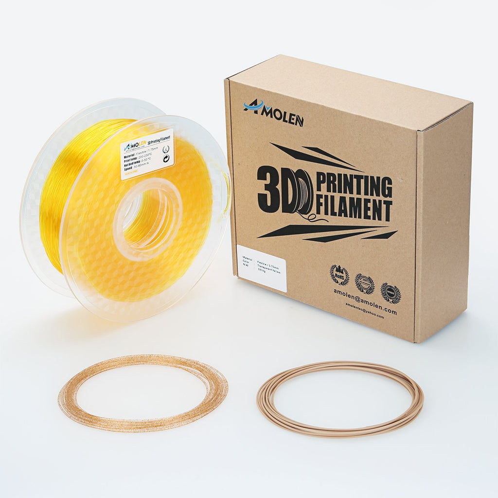 AMOLEN 3D Printer TPU Filament 1.75mm, Transparent Yellow, 0.8KG/1.8LBS +/- 0.03 mm, Includes Sample Wood Filament & Shining Gold Filament.
