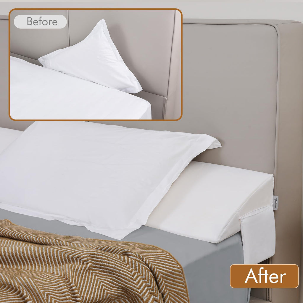 Vekkia Queen Bed Wedge Pillow for Headboard Gap Filler(0-5"),High-Density Foam,Prevent Pillow & Item from Falling,Ergonomic Design,Large Storage Pockets, Removable&Washable Cover,White,60''x10 x6