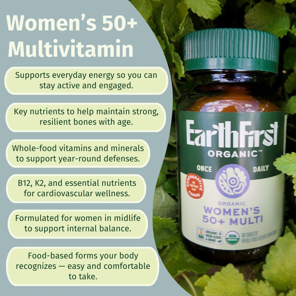 EarthFirst Organic Once Daily Multivitamin for Women 50+, Supports Bone Strength, Energy, and Heart Health, 60 Count