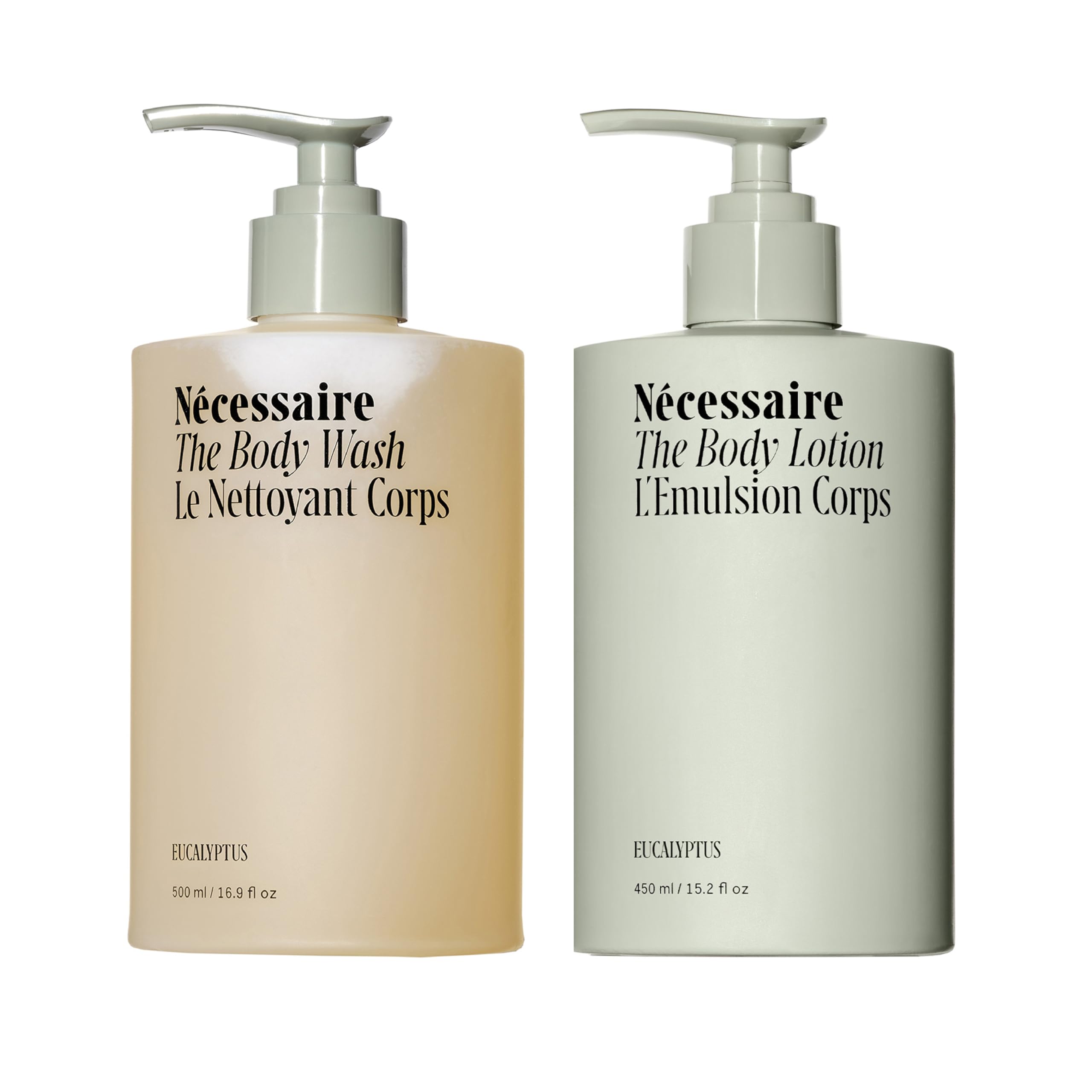 Nécessaire The Body Duo (Eucalyptus) Skincare Gift Set For Women + Men - The Body Wash 16.9oz + The Body Lotion 15.2oz. Multi-Oil Shower Gel Cleanser + Multi-Peptide Body Moisturizer. Non-Comedogenic.