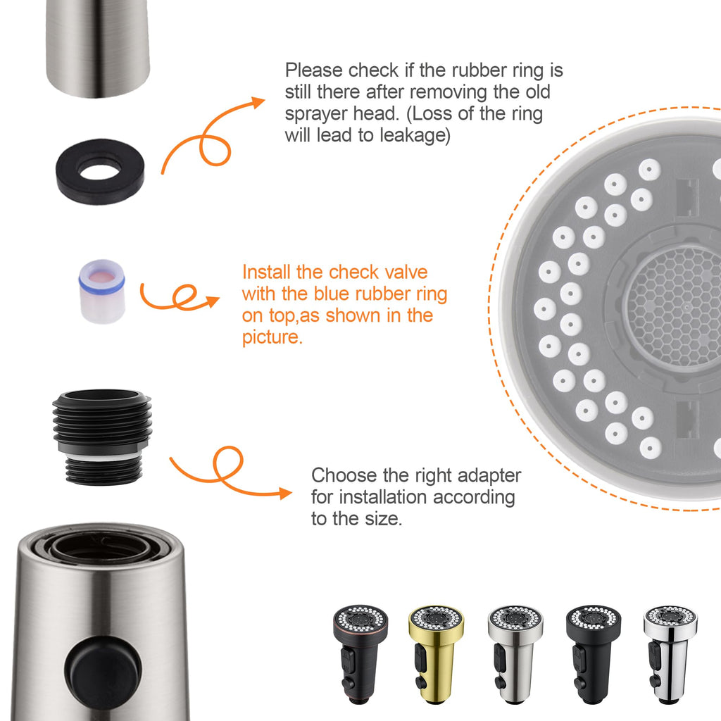 TIORIY Pull Down Spray Head Replacement - for Kitchen Faucet Sprayer Head with 15 Adapters, 3 Function Pull Out Faucet Spray Nozzle, Brushed Nickel