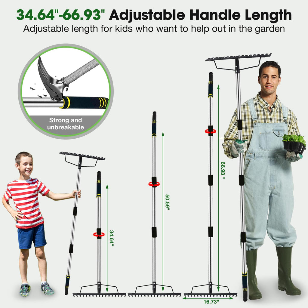 Heavy Duty Bow Rake for Lawns, 17 Tine Metal Rake Level Soil 5.58FT
