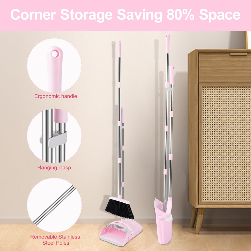 BSKLIN Broom and Dustpan Set House Brooms for Sweeping Indoor Collapsible Broom and Dust Pan Combo for Home Office Kitchen Lobby Floor Pet Hair (Pink)