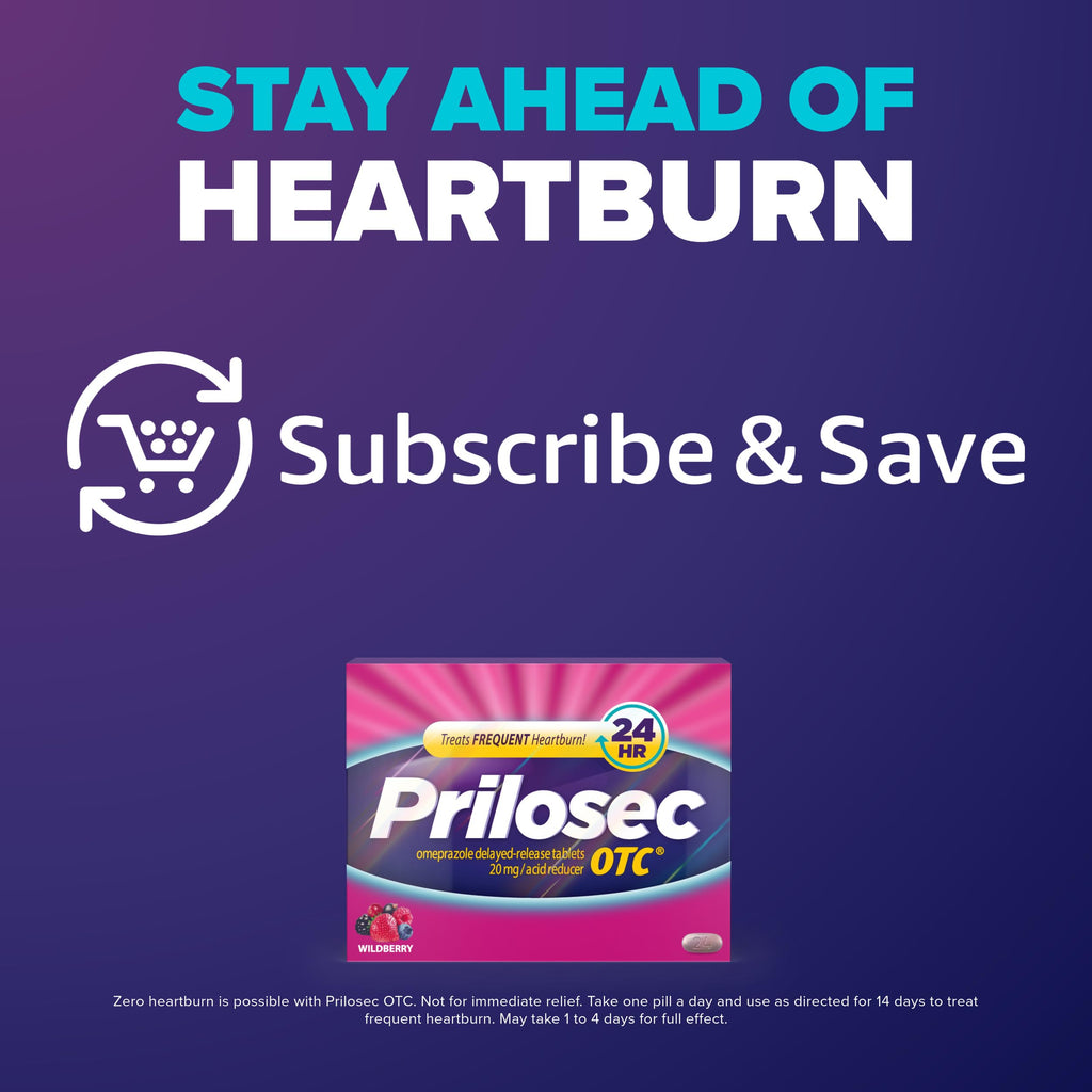 Prilosec OTC, Omeprazole Delayed Release 20mg, Acid Reducer, Treats Frequent Heartburn for 24 Hour Relief, All Day, All Night*, Heartburn Medicine, 20mg, Wildberry Flavor, 42 Tablets