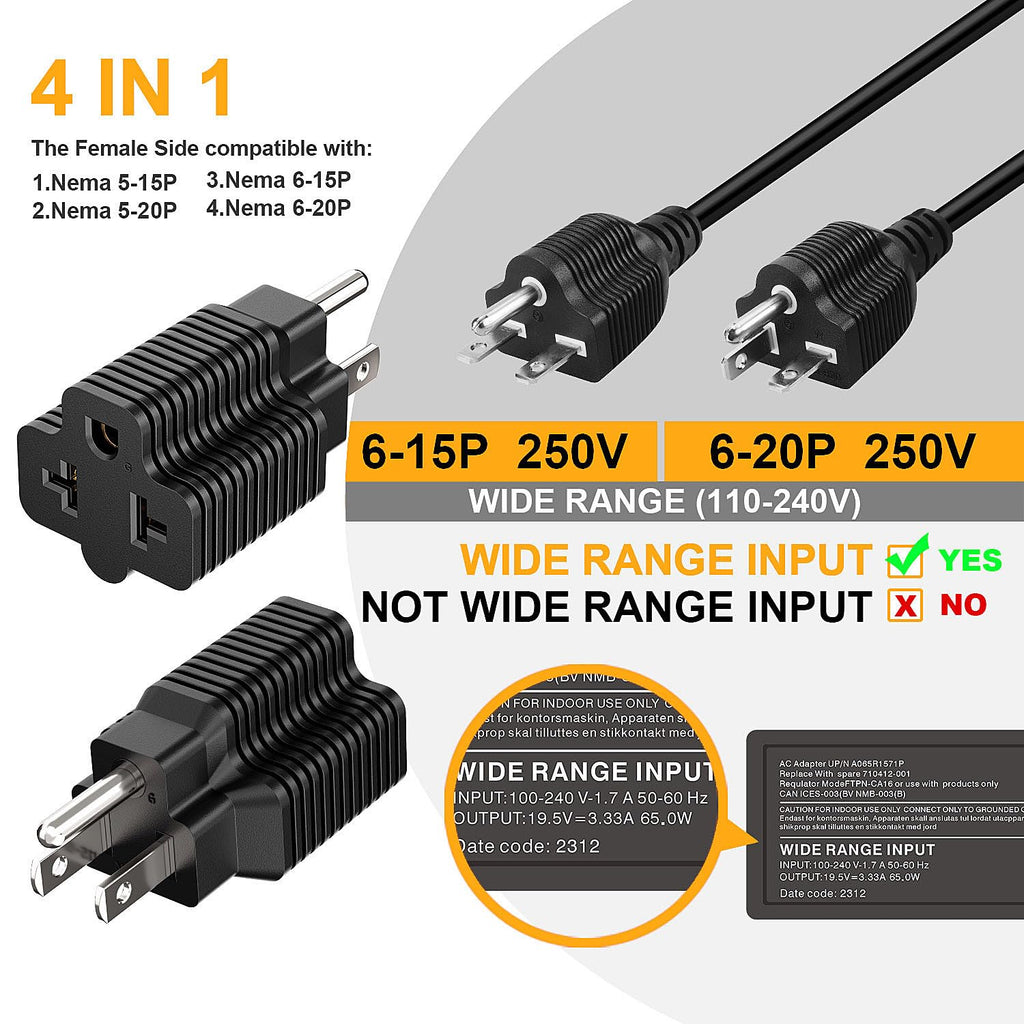 [3Pack] 4-in-1 15 Amp Household AC Plug to 20 Amp T Blade Adapter,5-15P to 5-20R,5-15P to 6-15R,5-15P to 6-20R, 4 in 1 AC Power Adapter,15A 125V to 20A 250V Adapter