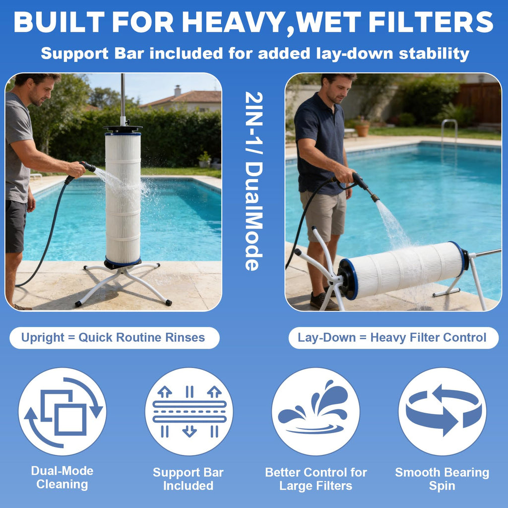 Skimzy Pool Filter Cleaner Stand, Dual-Mode Upright & Lay-Down Cleaning System with Support Bar, Smooth Bearing Rotation, Fits 3"/4"/6" Center Hole Cartridge Filters Up to 35"