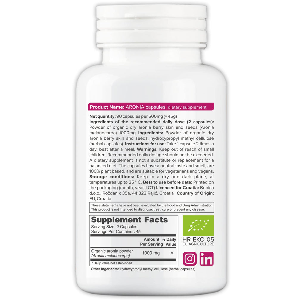 Organic Aronia Berry Capsules – Black Chokeberry Supplement with Natural Anthocyanins & Polyphenols – Supports Immune System – from Aronia Berries Powder – Non-GMO – 500mg, 90 Vegan Capsules