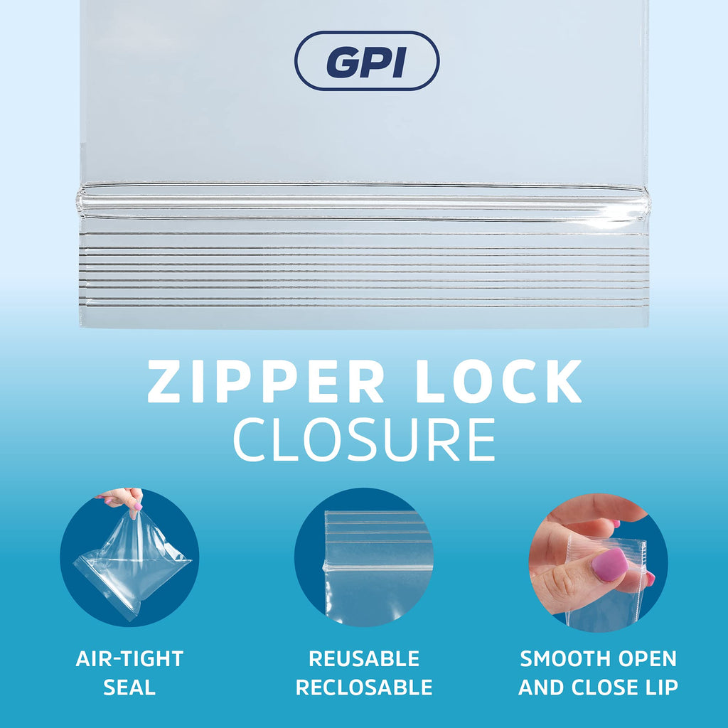 GPI - 10" x 13" Zip Bags, 500 Count, Clear Plastic Reclosable Zipper Poly Baggies, with Resealable Zip Top Lock. for Freezer, Apparel, Clothing, Food, Home & Office Supplies.
