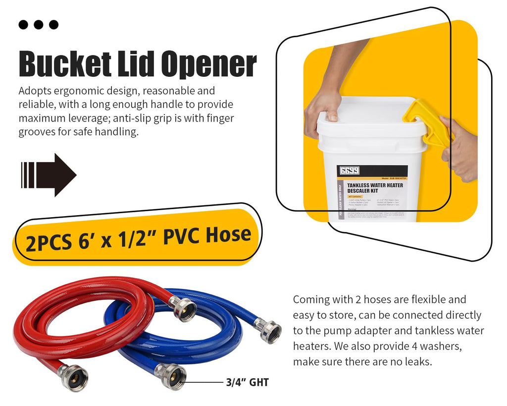 6699 Tankless Water Heater Flushing Kit Includes 1/4HP Submersible Sump Pump with Two Adapters & 3 Gallons Pail with Bucket Lid Opener & Two 1/2” Dia X 6’ PVC Hoses with Washers