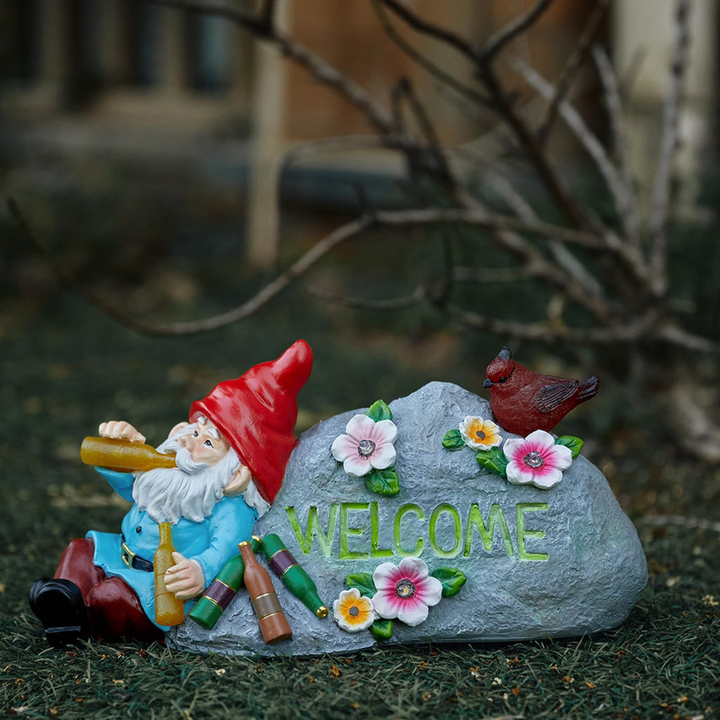 Elegondrar Funny Garden Gnomes Statue with Welcome, Solar Outdoor Gnomes Decorations for Yard, Patio, Lawn, Christmas Birthday Housewaming Gifts, for Dad, Men, Husband, Grandpa, 11.8 Inch, Resin
