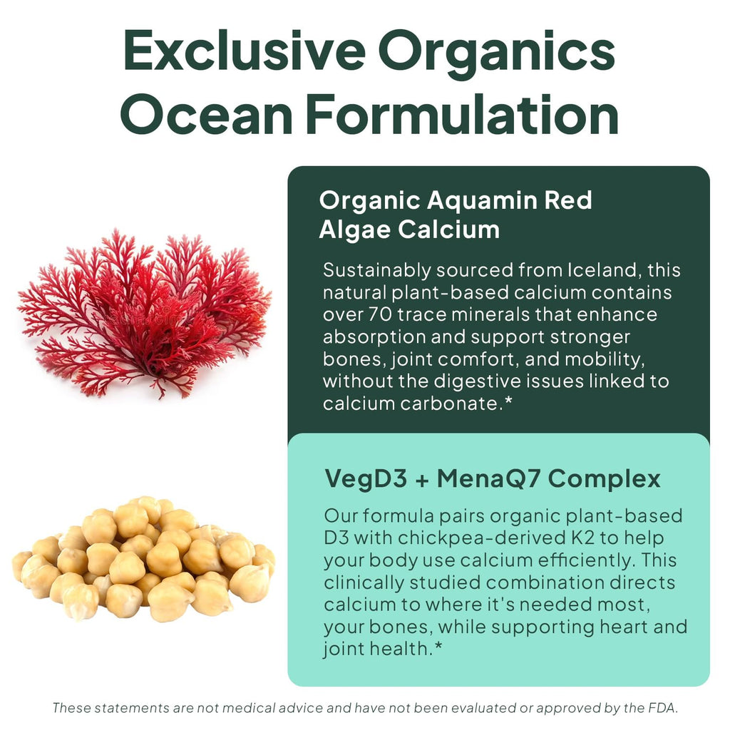 Organics Ocean Better Calcium - Organic Red Algae Calcium with Vitamin D3 and K2 Supplements - Supports Bone Structure, Joint Comfort & Encourages Healthy Aging - Plant-Based, Non-GMO - 1 Pack