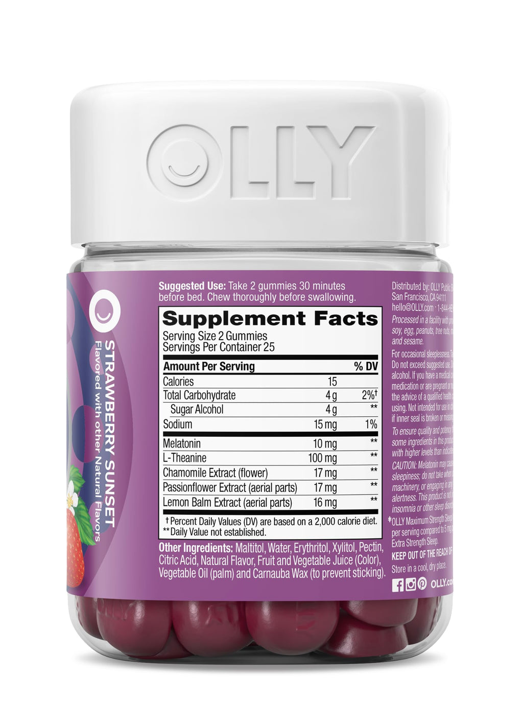 OLLY Max Strength Sleep Gummy, 10mg Melatonin, L-Theanine, Chamomile, Lemon Balm, Sugar Free, Vegetarian Sleep Aid, Strawberry - 50 Count