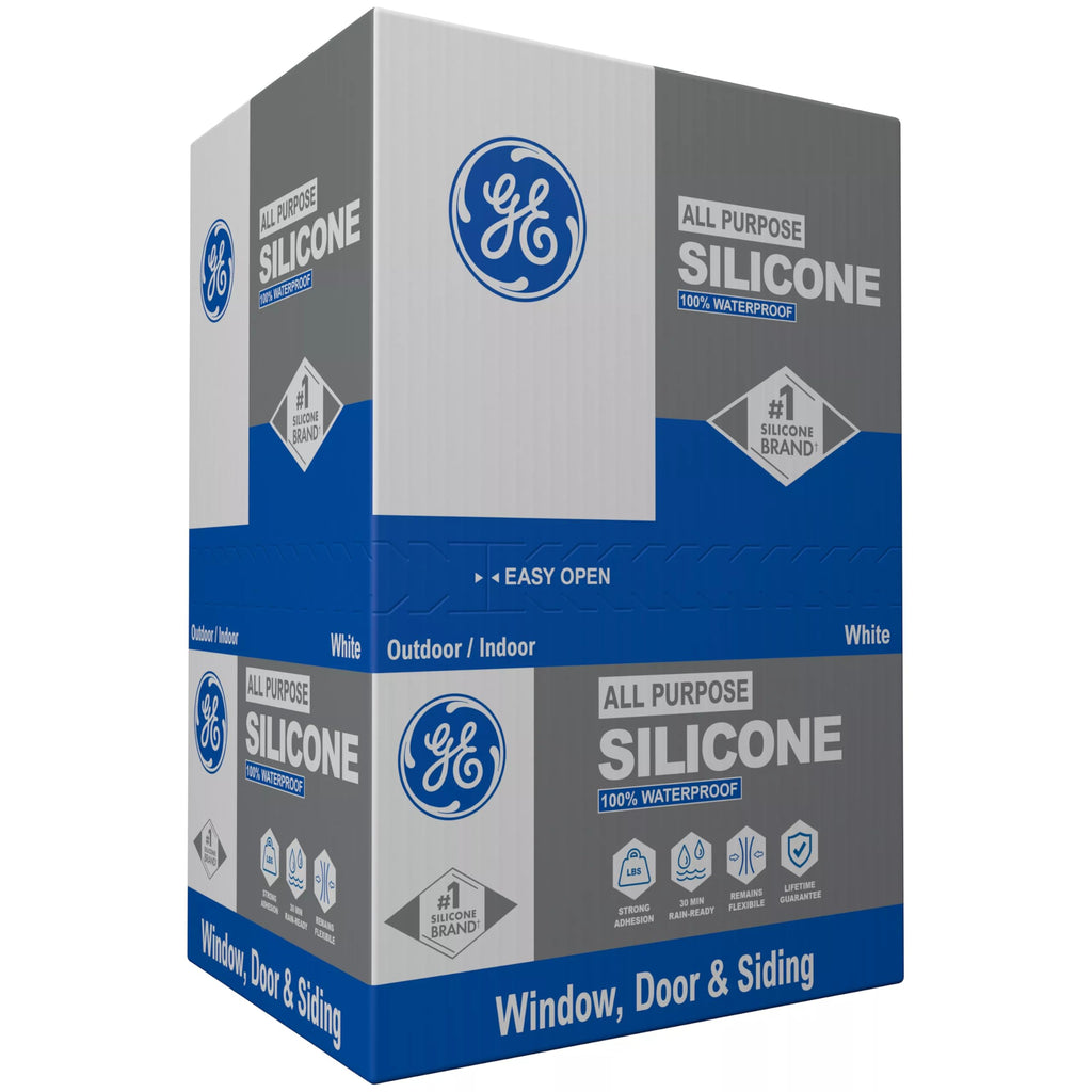 GE All Purpose Silicone Caulk, White, 10.1 fl oz Cartridge, 12 Pack - 100% Waterproof Silicone Sealant, Stronger Adhesion, Freeze & Sun Proof
