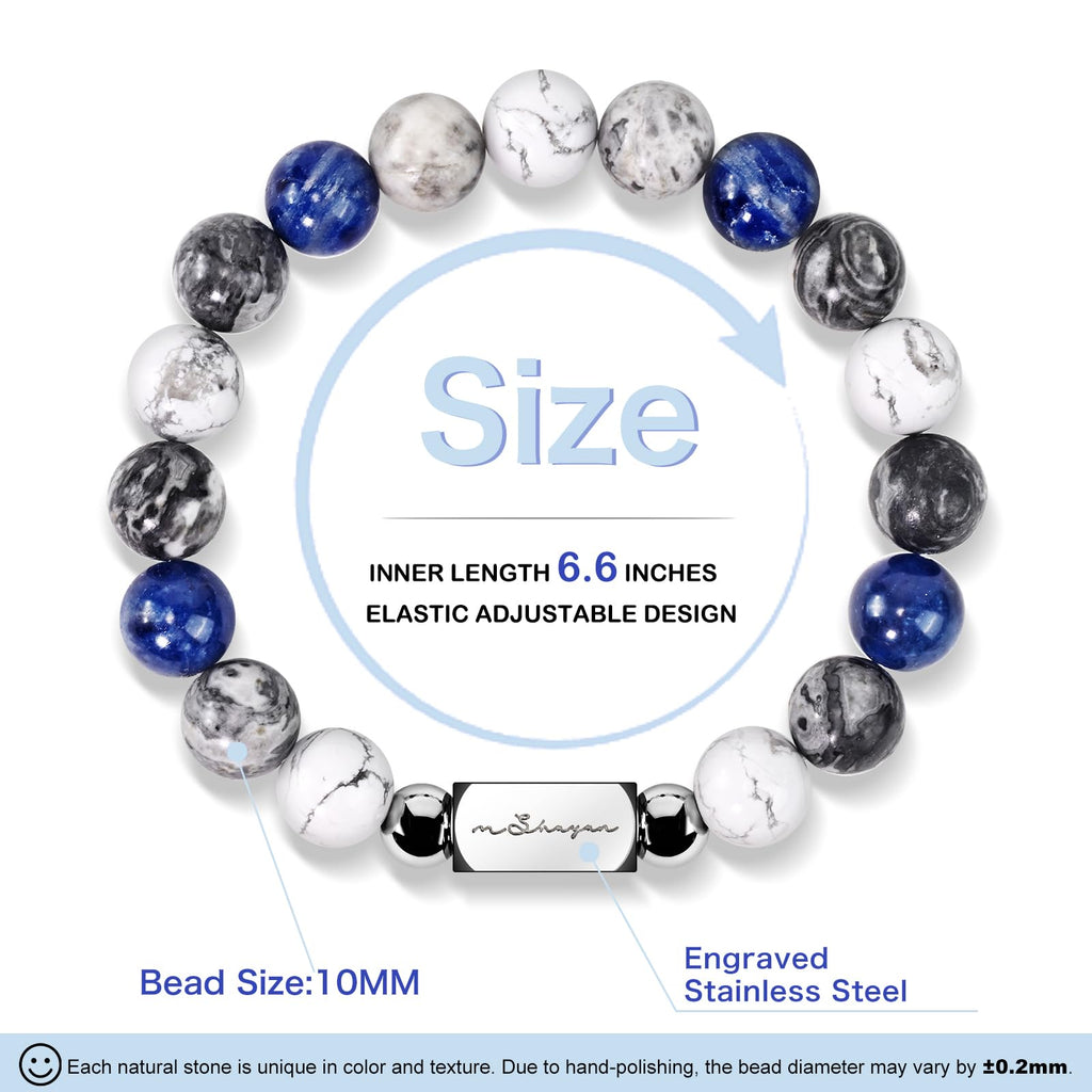 Howlite Natural Gemstone Bracelet for Men, Map Gemstone and Blue Vein Gemstone for Teens Gifts, 10MM Men's Elastic Adjustable Beaded Bracelets for Men, Handcrafted Gifts For Anniversary,Christmas.