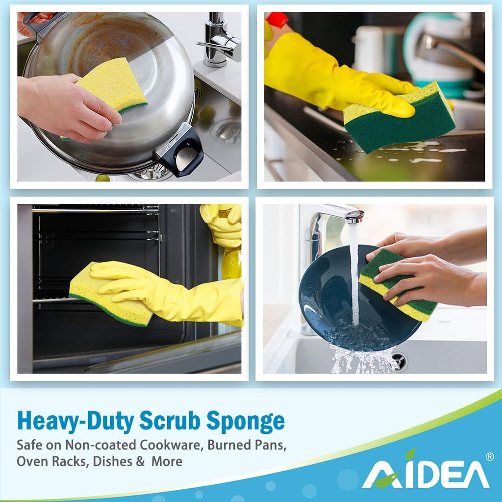 AIDEA Sponges Kitchen, 9Count, Dish Sponges, Heavy-Duty Sponge for Non-Coated Cookware, Scrubbing Power for Tough Messes, Cleaning Sponge for Kitchen, Bathroom, Household