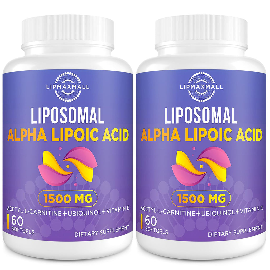 lipmaxmall Liposomal Alpha Lipoic Acid 1500mg - with Acetyl-L-Carnitine 900mg & Ubiquinol 100mg & Vitamin E 15mg，ALA Supplement for Antioxidants Glucose Metabolism Nerve Energy,60 Softgels (2 Bottle)